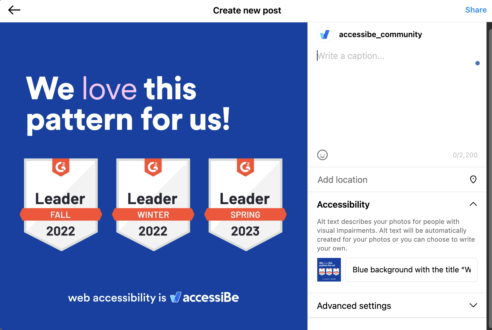 Blue background with title &ldquo;We love this pattern for us!&rdquo;, title written in white with the word &ldquo;love&rdquo; highlighted in pink. Below it, three G2 badges &ldquo;Leader Fall 2022, Leader Winter 2022, Leader Spring 2023&rdquo;. Below it &ldquo;web accessibility is&rdquo;, logo accessiBe on Instagram.