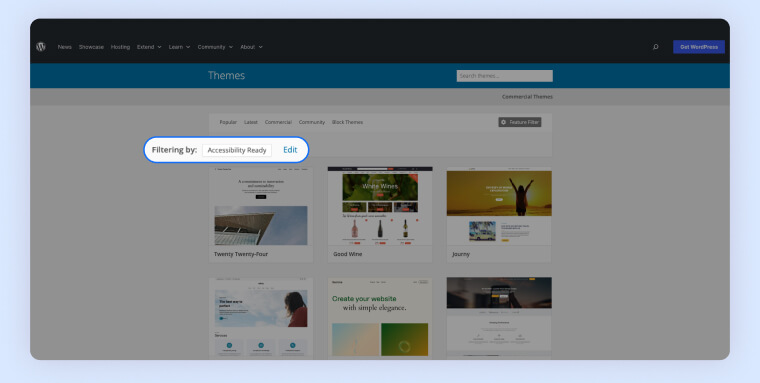 Screenshot of the WordPress Theme directory, &lsquo;Filtering by: Accessibility Ready&rsquo; is outlined